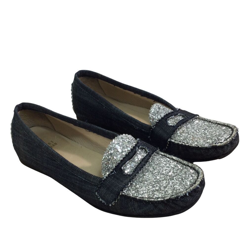 Stuart Weitzman Celebs Crystal Glitter Denim Oxford Loafer Shoes Blue Silver 7.5